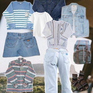 May include: A collection of clothing items including a baseball cap, denim jacket, denim vest, striped sweatshirt, white t-shirt, patterned sweater, denim shorts, patterned long-sleeve shirt, light wash jeans, backpack, socks, and sneakers with text OUTFIT INSPIRATION.