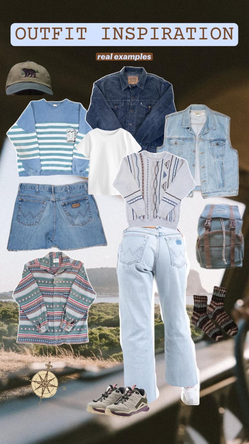 May include: A collection of clothing items including a baseball cap, denim jacket, denim vest, striped sweatshirt, white t-shirt, patterned sweater, denim shorts, patterned long-sleeve shirt, light wash jeans, backpack, socks, and sneakers with text OUTFIT INSPIRATION.