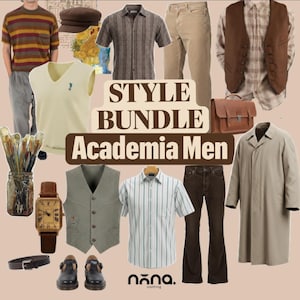 Może przedstawiać: Kolekcja odzieży i akcesoriów z napisem STYLE BUNDLE Academia Men, zawierająca koszulkę w paski, brązową kamizelkę, beżowe spodnie, beżowy trencz, koszule, skórzaną teczkę, zegarek na rękę, pasek oraz czarne buty.