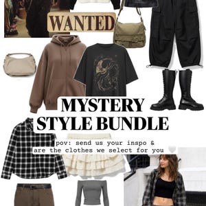 May include: A collection of clothing items including black and white striped sweaters, cargo pants, graphic t-shirts, hoodies, plaid shirts, skirts, and boots. The image features the text WANTED, MYSTERY STYLE BUNDLE, and pov: send us your inspo & are the clothes we select for you.