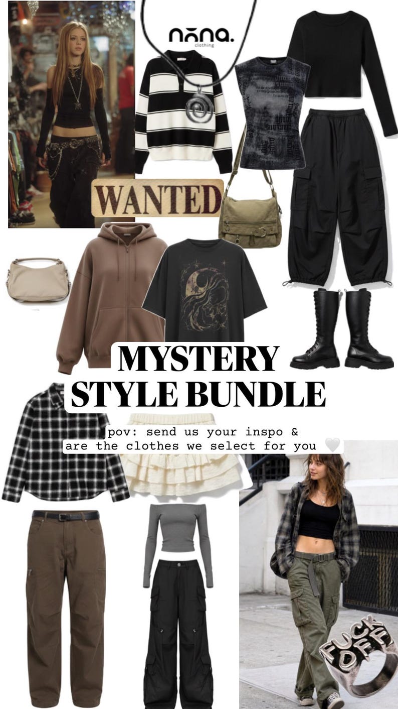 May include: A collection of clothing items including black and white striped sweaters, cargo pants, graphic t-shirts, hoodies, plaid shirts, skirts, and boots. The image features the text WANTED, MYSTERY STYLE BUNDLE, and pov: send us your inspo & are the clothes we select for you.