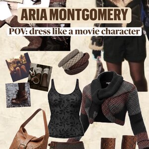 May include: A collage featuring a black tank top with a leaf pattern, a brown plaid pleated skirt with buckles, a brown leather hobo bag with studs, a multi-colored knit cropped sweater, and brown snakeskin-patterned knee-high boots with heels.