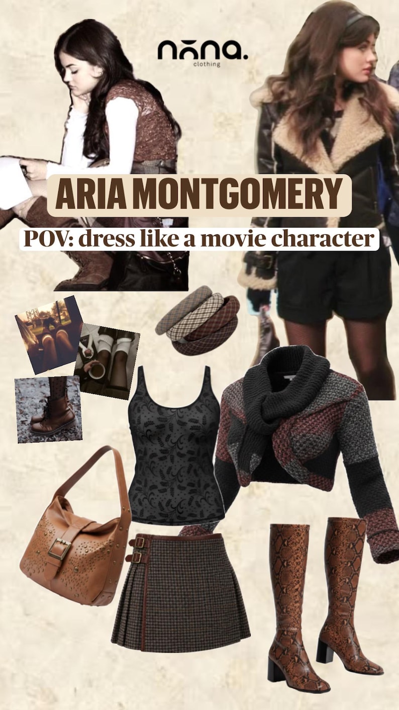 May include: A collage featuring a black tank top with a leaf pattern, a brown plaid pleated skirt with buckles, a brown leather hobo bag with studs, a multi-colored knit cropped sweater, and brown snakeskin-patterned knee-high boots with heels.