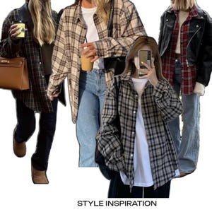 May include: A collage of four outfits featuring long-sleeved plaid button-down shirts in various color combinations, including brown, beige, black, and red, layered over white or neutral tops with blue or black denim jeans and leather jackets.