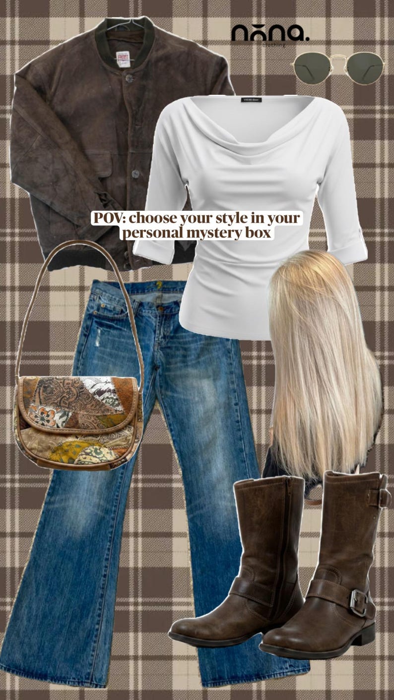 May include: A dark brown suede jacket, a white cowl-neck top, blue denim jeans, brown leather boots with buckles, a patchwork shoulder bag, and round sunglasses. The text reads: POV: choose your style in your personal mystery box.