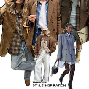 May include: A collage of outfits featuring brown suede and tweed blazers, plaid button-down shirts, blue denim jeans, white wide-leg trousers, a grey plaid blazer, patterned tights, a baseball cap, and handbags with the text STYLE INSPIRATION.