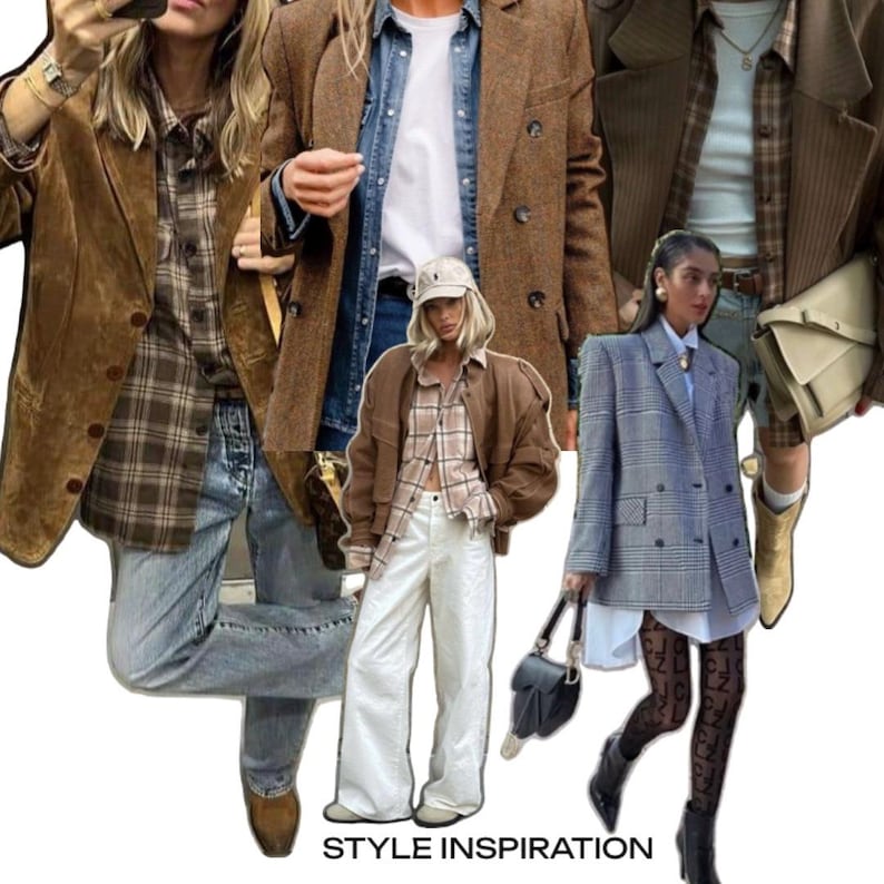 May include: A collage of outfits featuring brown suede and tweed blazers, plaid button-down shirts, blue denim jeans, white wide-leg trousers, a grey plaid blazer, patterned tights, a baseball cap, and handbags with the text STYLE INSPIRATION.