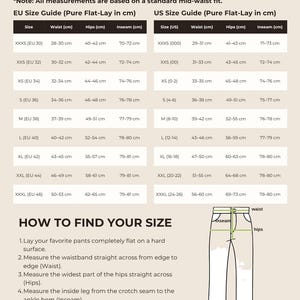 May include: A size guide chart for pants by nona. clothing, featuring two tables for EU and US sizes with waist, hip, and inseam measurements in centimeters. It includes a diagram illustrating how to measure waist, hips, and inseam on pants.