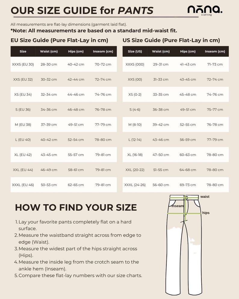 May include: A size guide chart for pants by nona. clothing, featuring two tables for EU and US sizes with waist, hip, and inseam measurements in centimeters. It includes a diagram illustrating how to measure waist, hips, and inseam on pants.