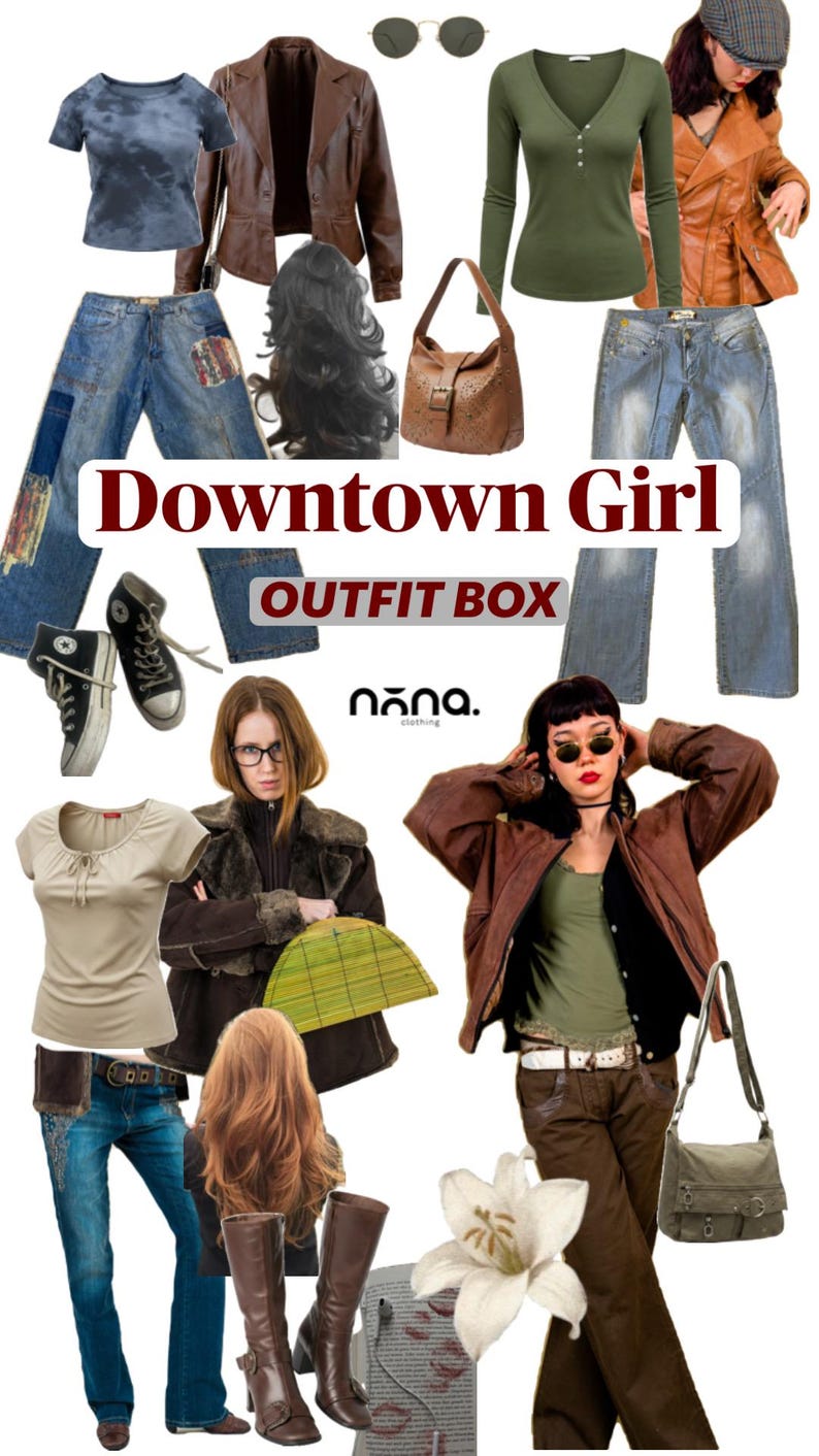 May include: A collection of clothing and accessories labeled Downtown Girl OUTFIT BOX by nana. Includes blue jeans, brown leather jackets, olive green tops, a brown shoulder bag, black sneakers, brown boots, sunglasses, and a white lily flower.