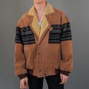 Vintage 80s Navajo Leather Jacket – Brown Suede with Wool Lining & Aztec Pattern
