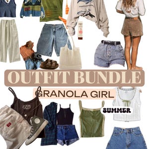 May include: A collection of clothing items including denim shorts, tank tops, a fleece jacket, a long-sleeve shirt with whale graphics, a crochet tote bag, a plaid shirt, and canvas trainers. The text OUTFIT BUNDLE GRANOLA GIRL SUMMER is visible.