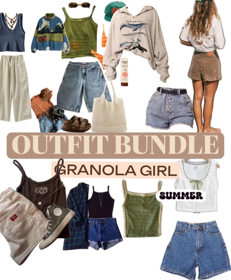 May include: A collection of clothing items including tank tops, denim shorts, linen pants, a fleece jacket, a graphic sweatshirt with whale illustrations, a knit tote bag, sandals, and accessories labeled OUTFIT BUNDLE GRANOLA GIRL SUMMER.