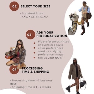 May include: An infographic titled HOW IT WORKS Step by step, outlining a clothing bundle service. It lists four steps: choosing a bundle option, selecting sizes from XXS to XL+, adding personalization preferences, and noting processing and shipping times.
