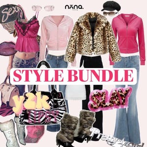 May include: A collection of clothing and accessories including a leopard print jacket, pink zip-up hoodies, blue jeans, a black and white zebra print handbag, white boots, a black cap with rhinestones, and sunglasses. Text reads STYLE BUNDLE, y2k, SLAY, and LIPSY.