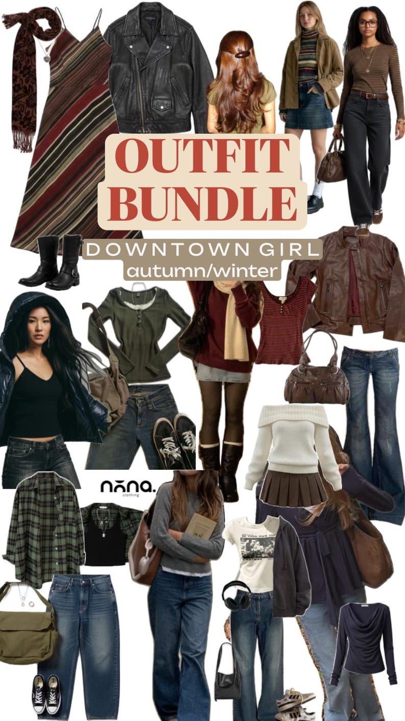 May include: A collection of clothing items including a striped midi dress, black leather jacket, brown leather jacket, various denim jeans, knit sweaters, plaid shirts, tank tops, skirts, handbags, scarves, and sneakers labeled OUTFIT BUNDLE DOWNTOWN GIRL.