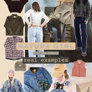 May include: A collage of clothing items including various knit sweaters, plaid shirts, denim jackets, jeans, corduroy caps, and a vest. The text NATURE GIRL CURATED BUNDLE real examples is overlaid on the image, which features a forest and mountain background.