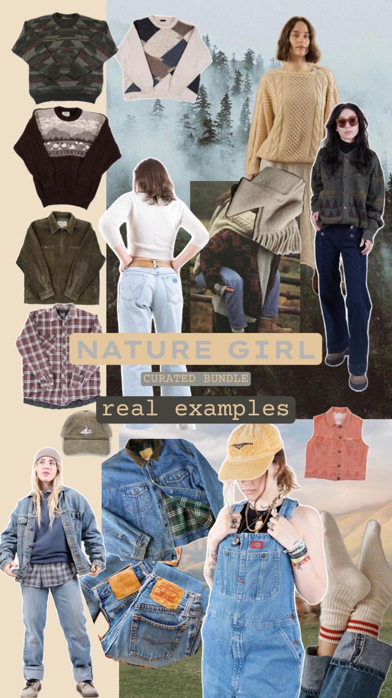May include: A collage of clothing items including various knit sweaters, plaid shirts, denim jackets, jeans, corduroy caps, and a vest. The text NATURE GIRL CURATED BUNDLE real examples is overlaid on the image, which features a forest and mountain background.