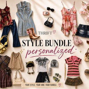 May include: A collection of clothing and accessories including floral tops, denim skirts, jeans, handbags, sunglasses, a camera, and jewelry. Text reads: THRIFT STYLE BUNDLE personalized. YOUR STYLE. YOUR VIBE. YOUR BUNDLE.