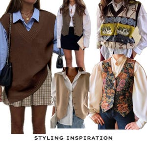 May include: A collage of five outfits featuring various sleeveless vests layered over button-down shirts. Styles include a brown knit V-neck, a plaid button-up, a patterned knit with swan motifs, a beige button-up, and a floral tapestry vest. Text reads STYLING INSPIRATION.