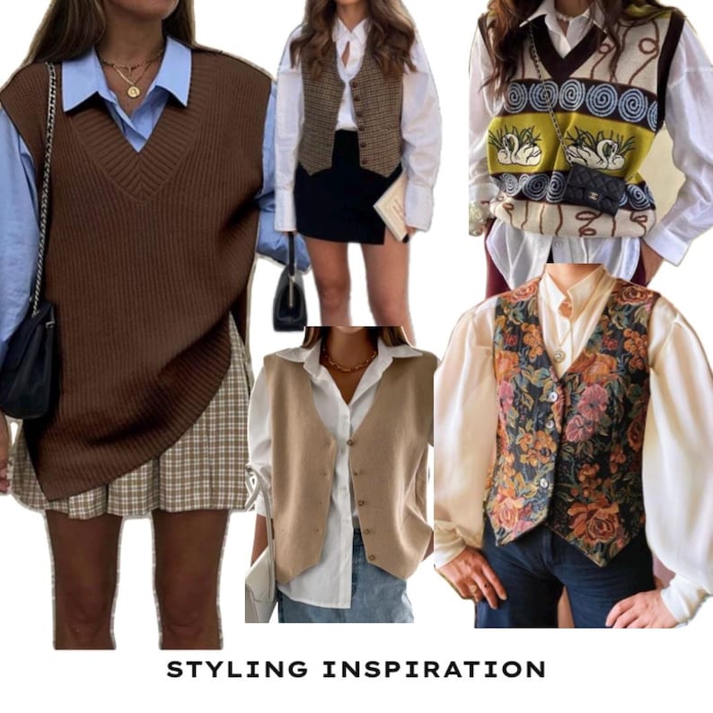 May include: A collage of five outfits featuring various sleeveless vests layered over button-down shirts. Styles include a brown knit V-neck, a plaid button-up, a patterned knit with swan motifs, a beige button-up, and a floral tapestry vest. Text reads STYLING INSPIRATION.
