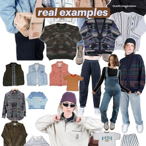 May include: A collage of clothing items including denim jackets, leather jackets, patterned sweaters, cardigans, vests, t-shirts, overalls, cargo pants, and shorts. The text "real examples" and "Outfit inspiration" is visible in the image.