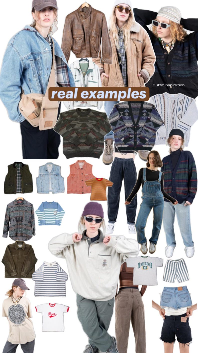 May include: A collage of clothing items including denim jackets, leather jackets, patterned sweaters, cardigans, vests, t-shirts, overalls, cargo pants, and shorts. The text "real examples" and "Outfit inspiration" is visible in the image.