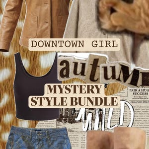 May include: A tan leather jacket, a beige knit cardigan, a black ribbed tank top, a blue denim mini skirt, and tan suede slouch boots. The image includes text overlays reading DOWNTOWN GIRL, autumn, MYSTERY STYLE BUNDLE, and WILD.