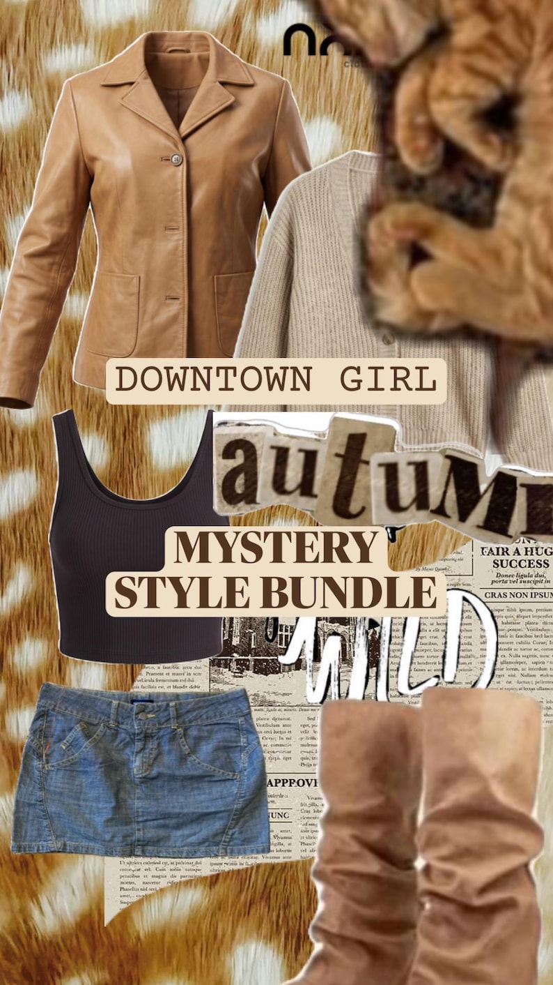 May include: A tan leather jacket, a beige knit cardigan, a black ribbed tank top, a blue denim mini skirt, and tan suede slouch boots. The image includes text overlays reading DOWNTOWN GIRL, autumn, MYSTERY STYLE BUNDLE, and WILD.