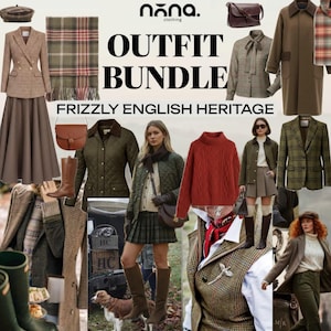 Puede incluir: Una colección de prendas etiquetada como OUTFIT BUNDLE FRIZZLY ENGLISH HERITAGE, que incluye blazers de tweed marrón, faldas de cuadros, chaquetas acolchadas color oliva, un suéter de punto trenzado rojo, botas altas de cuero, bufandas y bolsos.