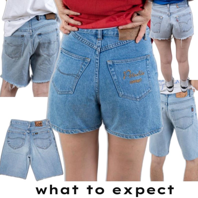 May include: A collection of light blue denim shorts featuring various back pocket designs, including one pair with the embroidered text 'Petrolic Company' on the right pocket and another pair with a brown 'Lee' brand patch on the waistband.