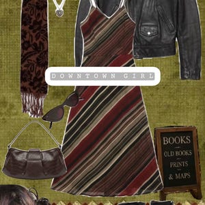 May include: A black leather motorcycle jacket, a sleeveless midi dress with diagonal stripes in red, brown, and black, a dark brown floral scarf, a brown shoulder bag, black sunglasses, and black mid-calf boots. A sign reads BOOKS OLD BOOKS PRINTS & MAPS.