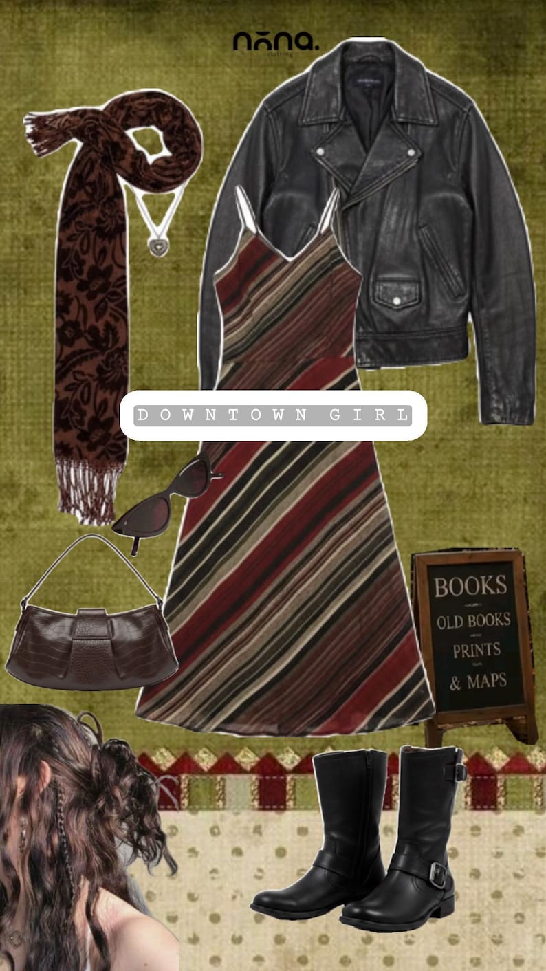 May include: A black leather motorcycle jacket, a sleeveless midi dress with diagonal stripes in red, brown, and black, a dark brown floral scarf, a brown shoulder bag, black sunglasses, and black mid-calf boots. A sign reads BOOKS OLD BOOKS PRINTS & MAPS.