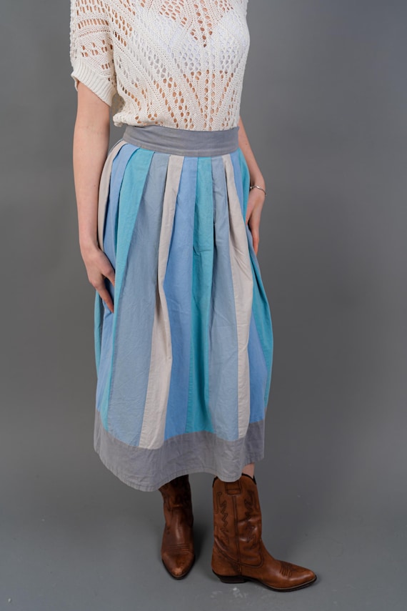 Size S 1980s Vintage Maxi Skirt Blue Striped Pattern Cottage