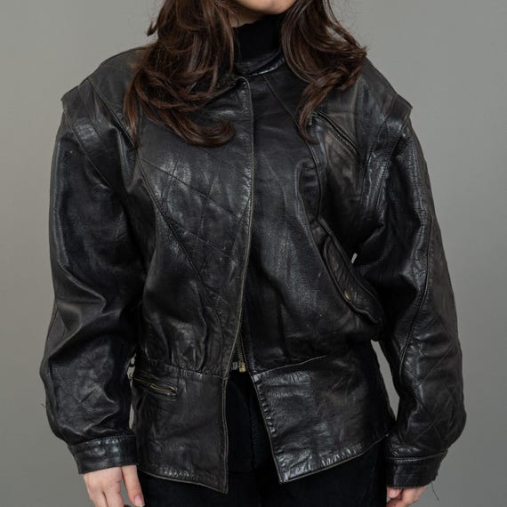 80s Vintage Black Leather Bomber Jacket - Utility Jacket as