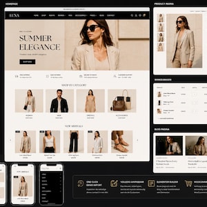 Op de afbeelding: Een digitale weergave van de LUNA Fashion Store website template, met een homepage, productpagina, winkelwagen en blogindeling. Het ontwerp bevat een neutraal kleurenpalet, productfotografie, navigatiemenu's en mobiele weergaven.