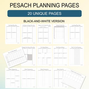May include: Black and white printable planner pages for Passover. The pages include sections for meal planning, shopping lists, cleaning checklists, and more.