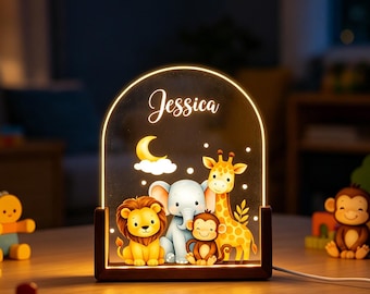 Personalized Safari Night Light - Cute Jungle Animals Acrylic LED Lamp, Nursery Lamp for Kids, Lion Elephant Lamp, Perfect Baby Shower Gift