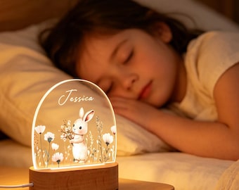 Personalized Bunny Night Light - Cute Rabbit Holding Flowers Acrylic Lamp, Nursery Bedside Decor, Cute Floral Woodland Lamp, Gift For Kids