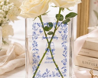 Personalized Engagement Vase, Blue Floral Acrylic Book Vase, Engaged Couple Gift, Custom Names and Date, Bridal Shower Decor, Romantic Decor
