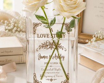 Personalized Love Story Vase, Vintage Wedding Acrylic Book Vase, Custom Couple Names and Date, Anniversary Gift, Romantic Bookish Home Decor
