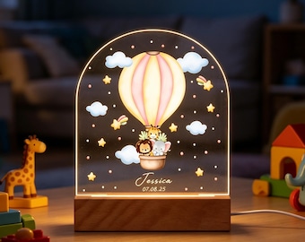 Personalized Kids Night Light - Adorable Hot Air Balloon Acrylic Lamp, Cute Animal Design LED Bedside Lamp, Birthday Gift for Girls & Boys
