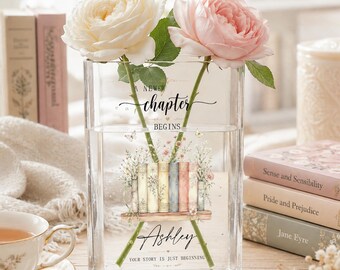 Personalized Book Lover Vase, New Chapter Gift, Acrylic Book Vase with Floral Books, Graduation Gift, Read Home Decor, Custom Name Keepsake