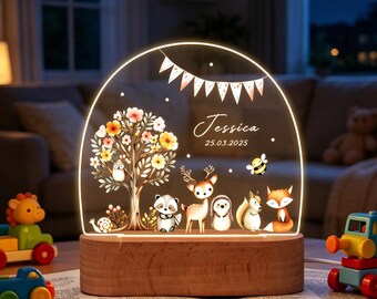 Custom Woodland Animals Night Light, Personalized Name Nursery Lamp, Baby Kid Gifts, Bedroom Decor, Woodland Decor Gift, Forest Creatures
