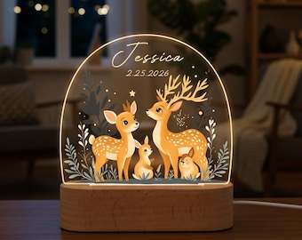 Custom Woodland Animals Night Light, Personalized Name Nursery Lamp, Birth Gift for Baby, Bedroom Decor, Baby Bedside Lamp, Nursery Decor