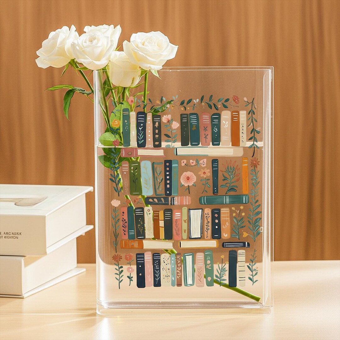 Floral Bookshelf Acrylic Book Vase, Retro Plant Holder Floral Vase ...