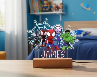 Personalized Spidey and His Amazing Friends Night Light,Custom Name Spiderman Family,Birthday Gift For Boys,Acrylic Lamp,Kids Bedroom Decor