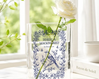 Mockingbird Acrylic Book Vase, Blue Floral Bird Flower Vase, Classic Literature Reader Gift, Elegant Book Lover Shelf Decor, Harper Lee Gift