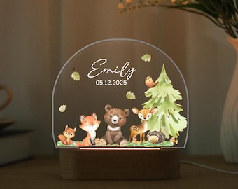 Cute Woodland Animals Night Light For Kids Room,Name Sign Jungle Bedroom,Baby Bedside Lamp,Christening Gift,Light Up Acrylic Plaque,LED Lamp