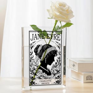 Vaso em Acrílico com Formato de Livro Jane Eyre, Arte em Silhueta, Vaso Floral Romântico Gótico, Elegante Peça Decorativa Literária para Casa, Presente Exclusivo para Amantes de Romances Clássicos
